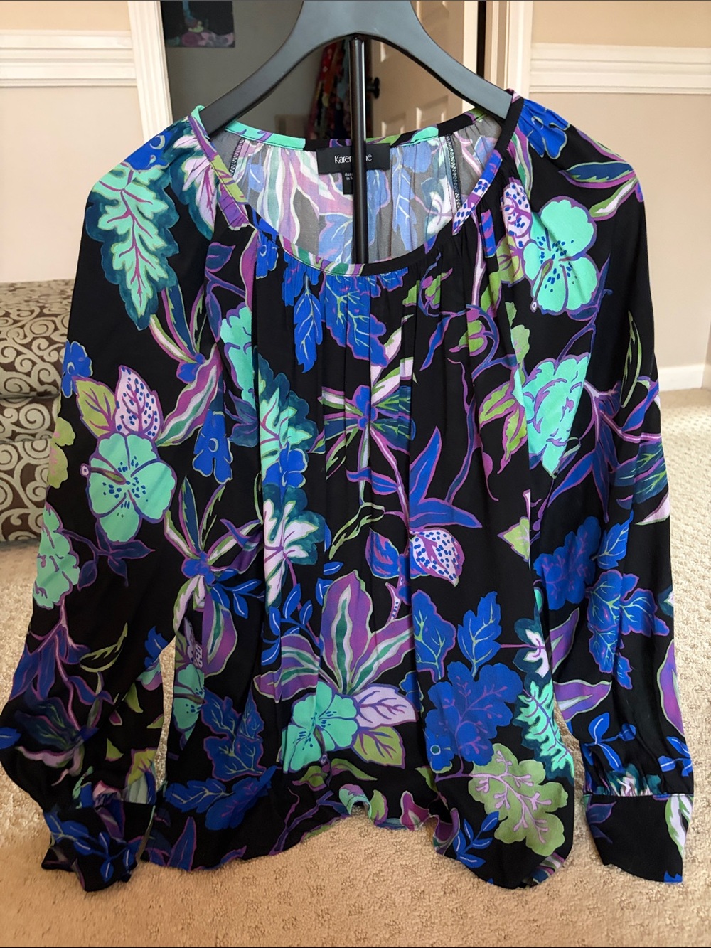 Karen Kane Black Floral Blouse with Blue, Mint & Purple Accents